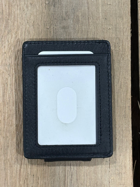 A black full grain leather money clip with ID window slot, from Top Notch Accessories. Showing clear ID window. 