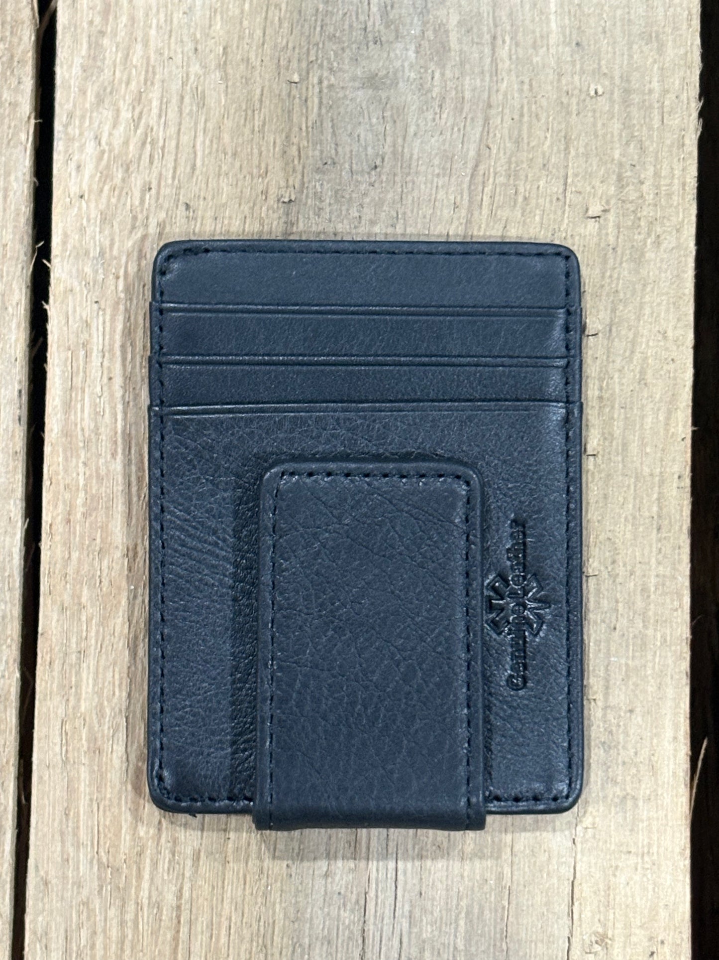 A black full grain leather money clip from Top Notch Accessories. Showing three card slots and magnetic money clip. 