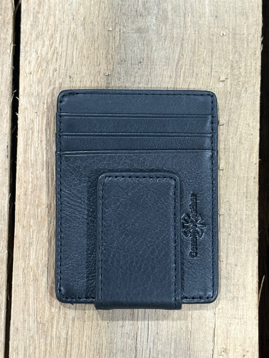 A black full grain leather money clip from Top Notch Accessories. Showing three card slots and magnetic money clip. 