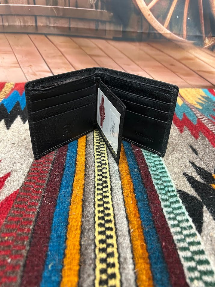 Black leather bifold wallet from Top Notch Accessories. Inside view showing dual ID windows, card slots, and cash slots. 