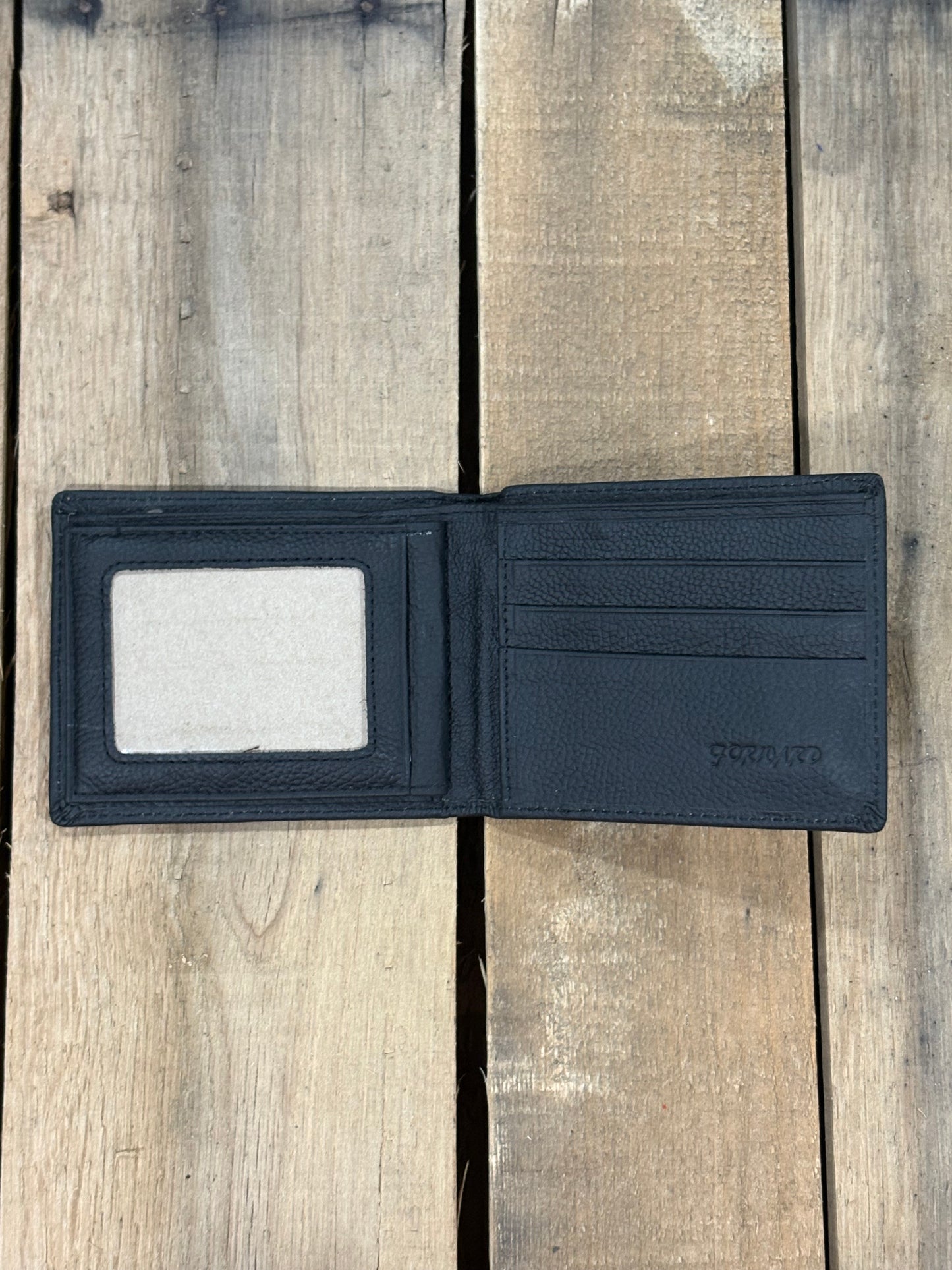 Black smooth leather bifold wallet from Top Notch Accessories. Inside view showing four card slots with a a ID window, and two bill slots one zips closed.