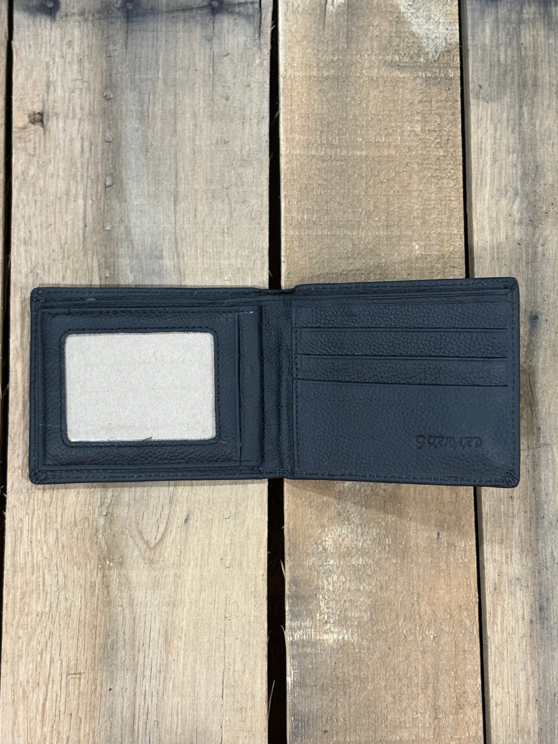 Black smooth leather bifold wallet from Top Notch Accessories. Inside view showing four card slots with a a ID window, and two bill slots one zips closed.