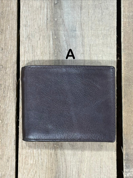 Dark Brown smooth leather wallet on a wooden surface