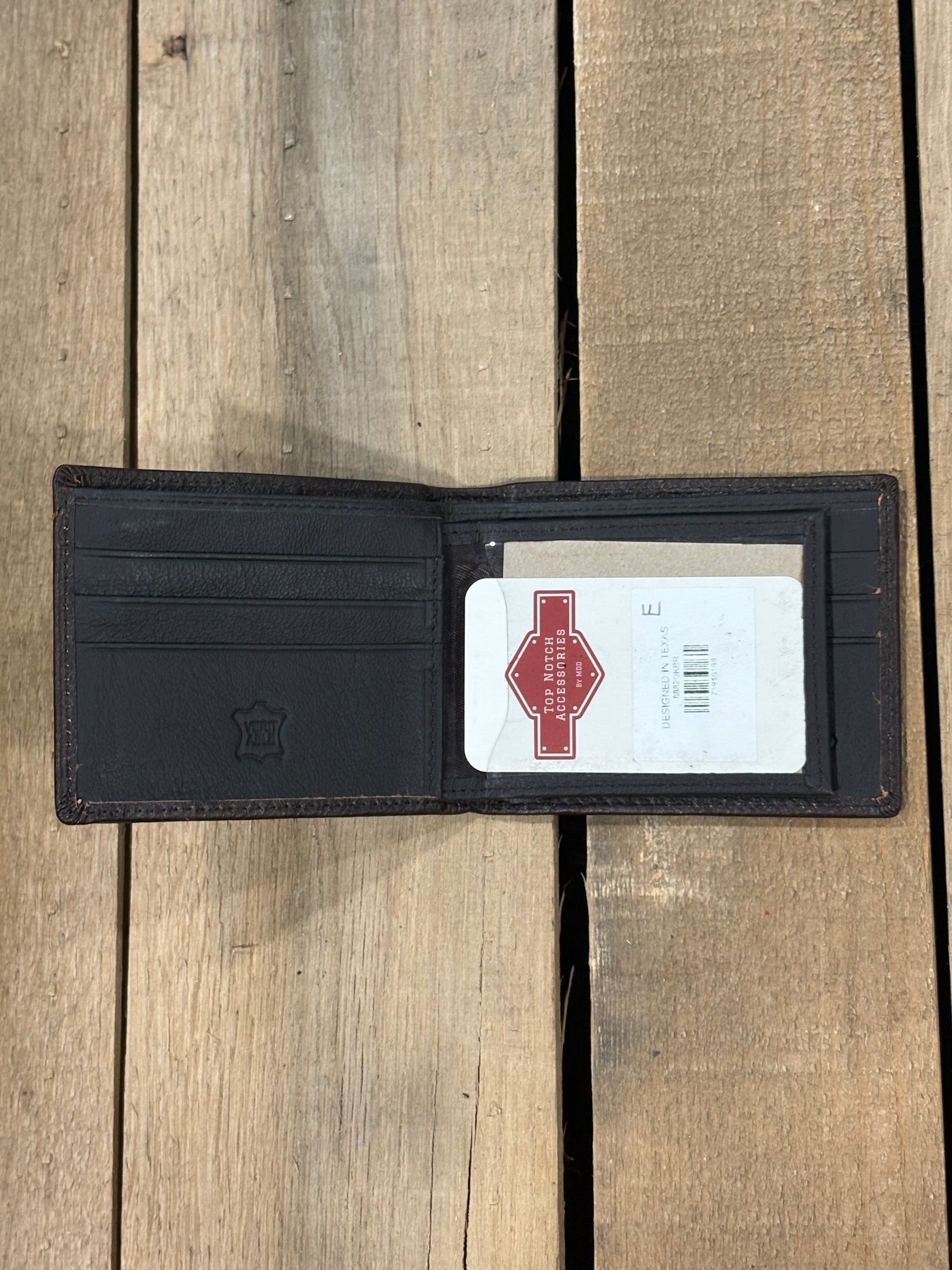 Dark Brown smooth leather bifold wallet from Top Notch Accessories. Inside view showing four card slots with a a ID window, and two bill slots one zips closed.