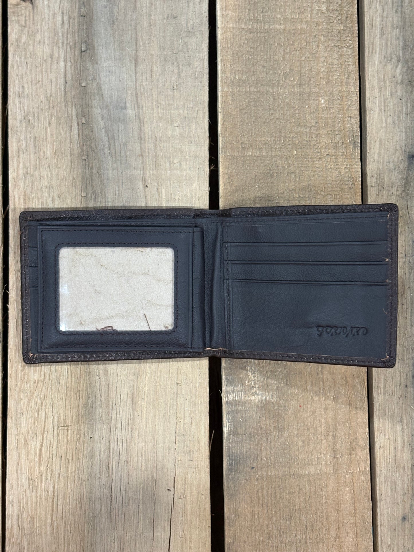 Dark Brown smooth leather bifold wallet from Top Notch Accessories. Inside view showing four card slots with a a ID window, and two bill slots one zips closed.