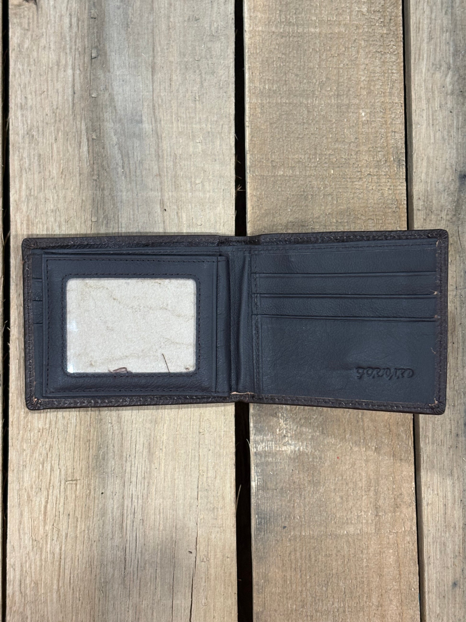 Dark Brown smooth leather bifold wallet from Top Notch Accessories. Inside view showing four card slots with a a ID window, and two bill slots one zips closed.