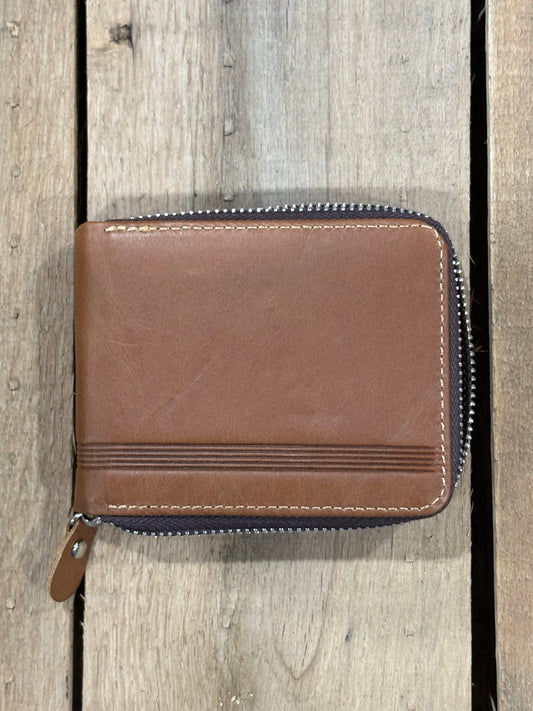 Brown leather wallet with a zipper on a wooden surface