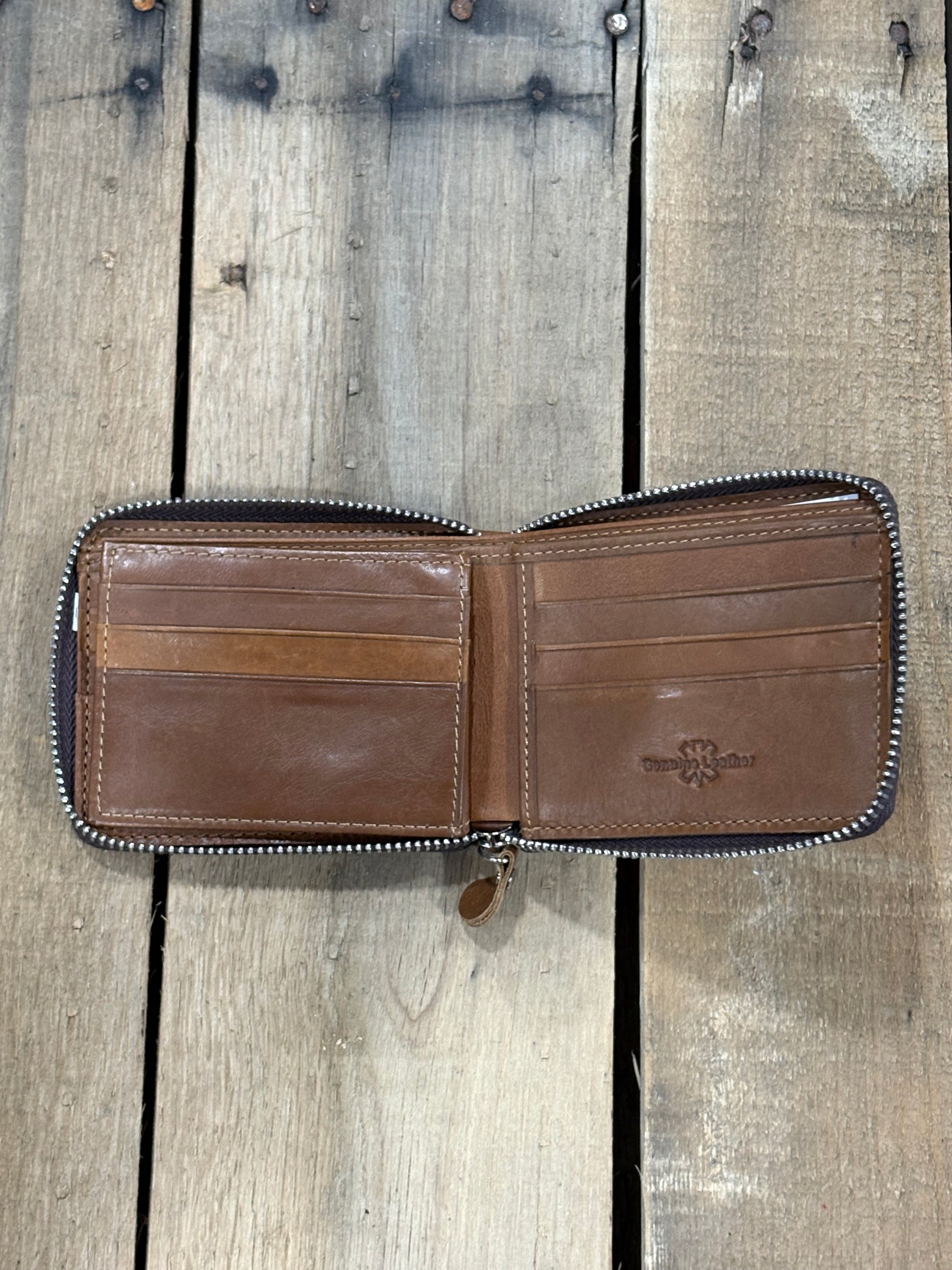 Brown leather wallet with a six card slots on a wooden surface