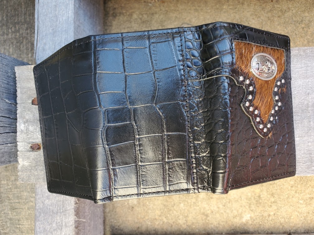 Black Alligator print leather trifold wallet with cowhide inlay and a Praying Cowboy Concho. Rear view