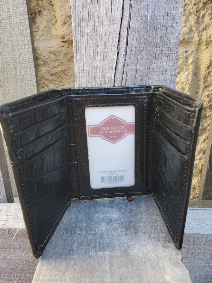 Black Alligator print leather trifold wallet with cowhide inlay and a Praying Cowboy Concho. Inside view showing multiple card slots and a ID window.