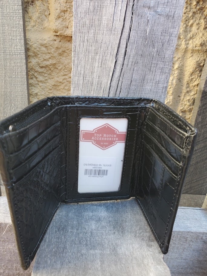 Black alligator print leather trifold wallet with a cowhide inset featuring a Rooster Concho. Inside view showing multiple card slots and a ID window. 