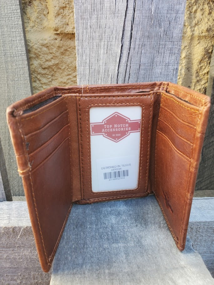 Brown alligator print leather trifold wallet with a Praying Cowboy Concho on a cowhide inlay. Inside view showing eight card slots and a ID window.