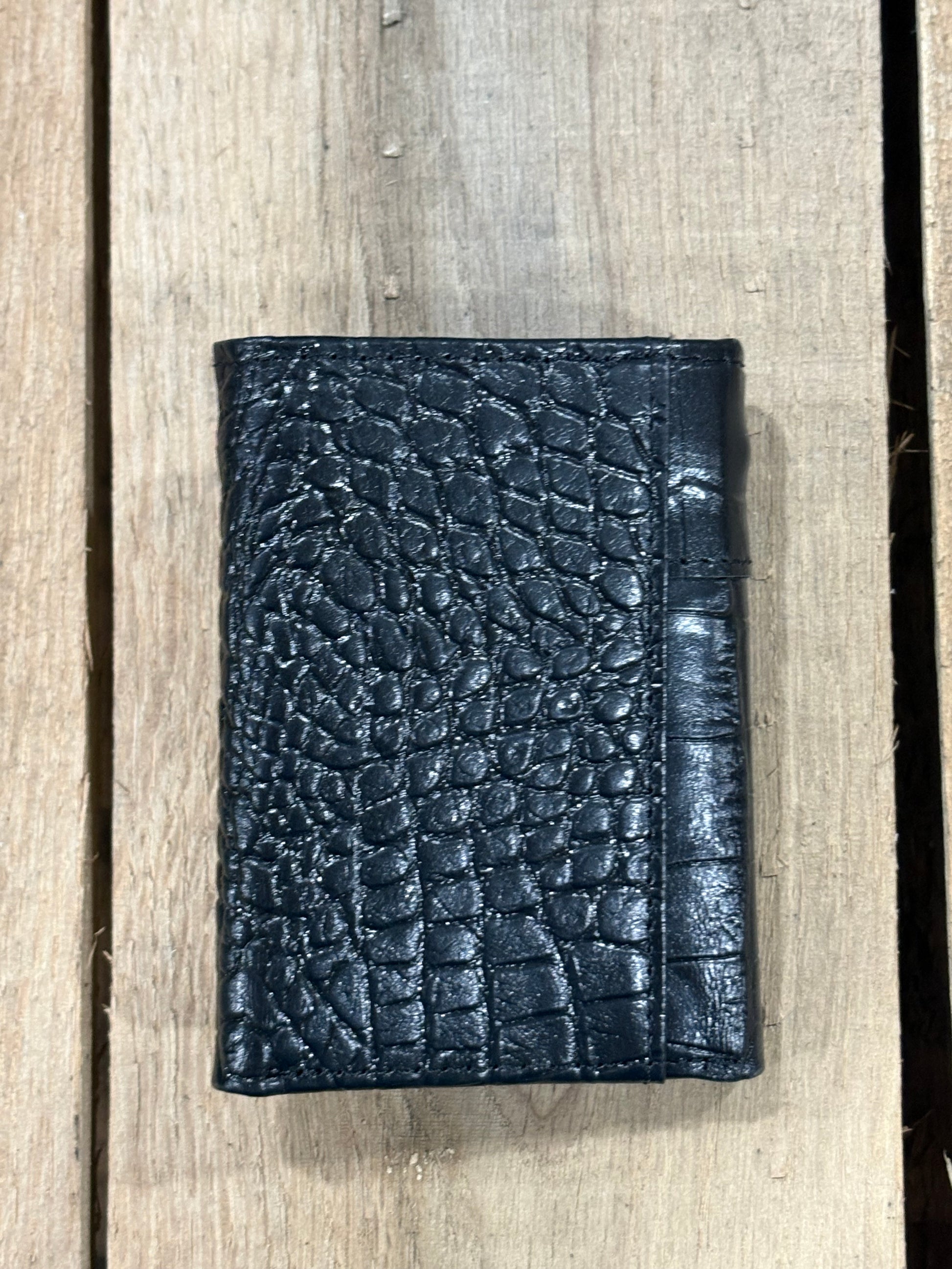 Black Leather Alligator Print wallet on a wooden surface