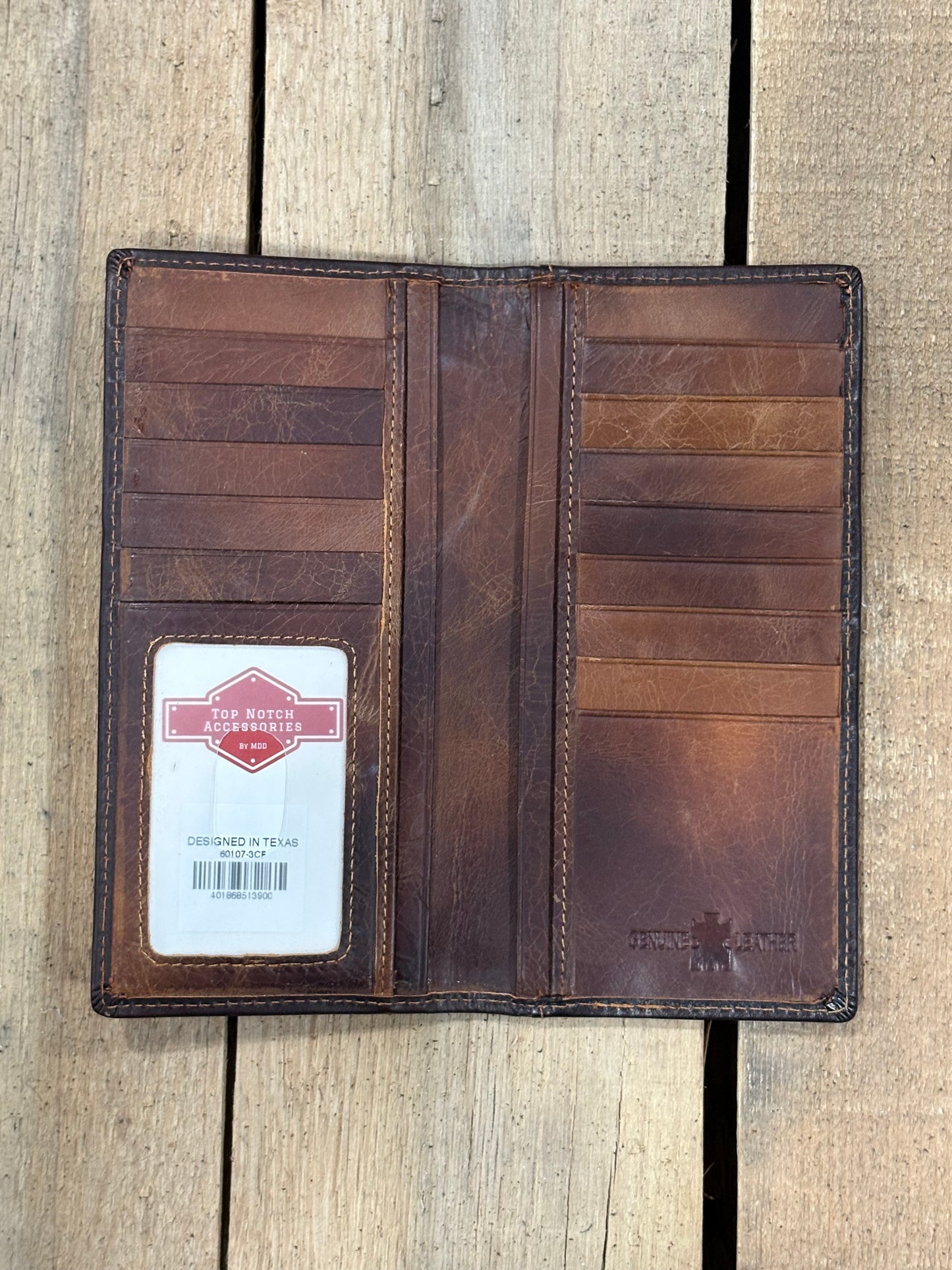 Top Notch Accessories Coffee Brown Tooled Leather Tall Checkbook Wallet with Beige Inlay