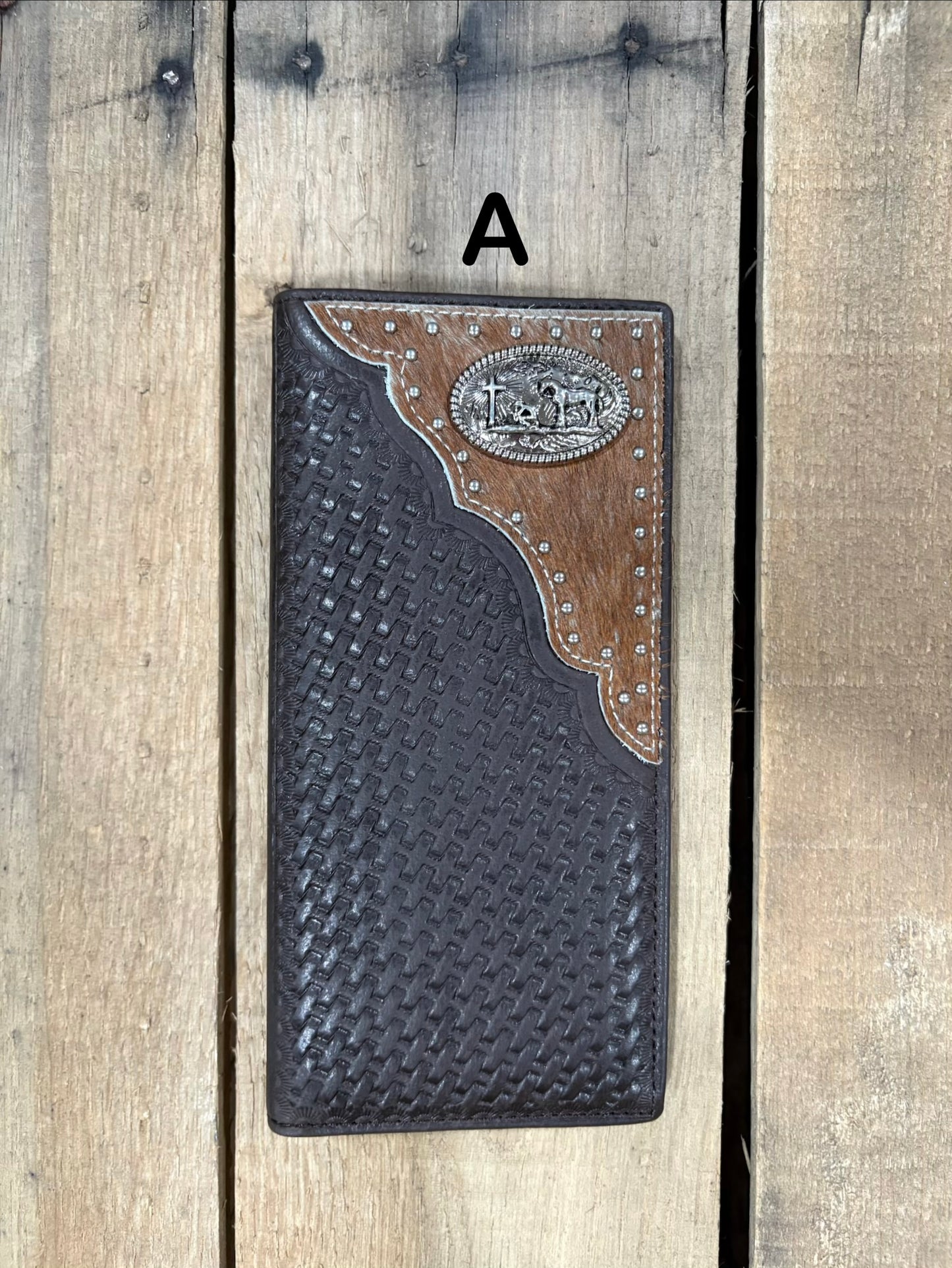 Top Notch Accessories Coffee Brown Basketweave Leather Tall Checkbook Wallet with Praying Cowboy Concho