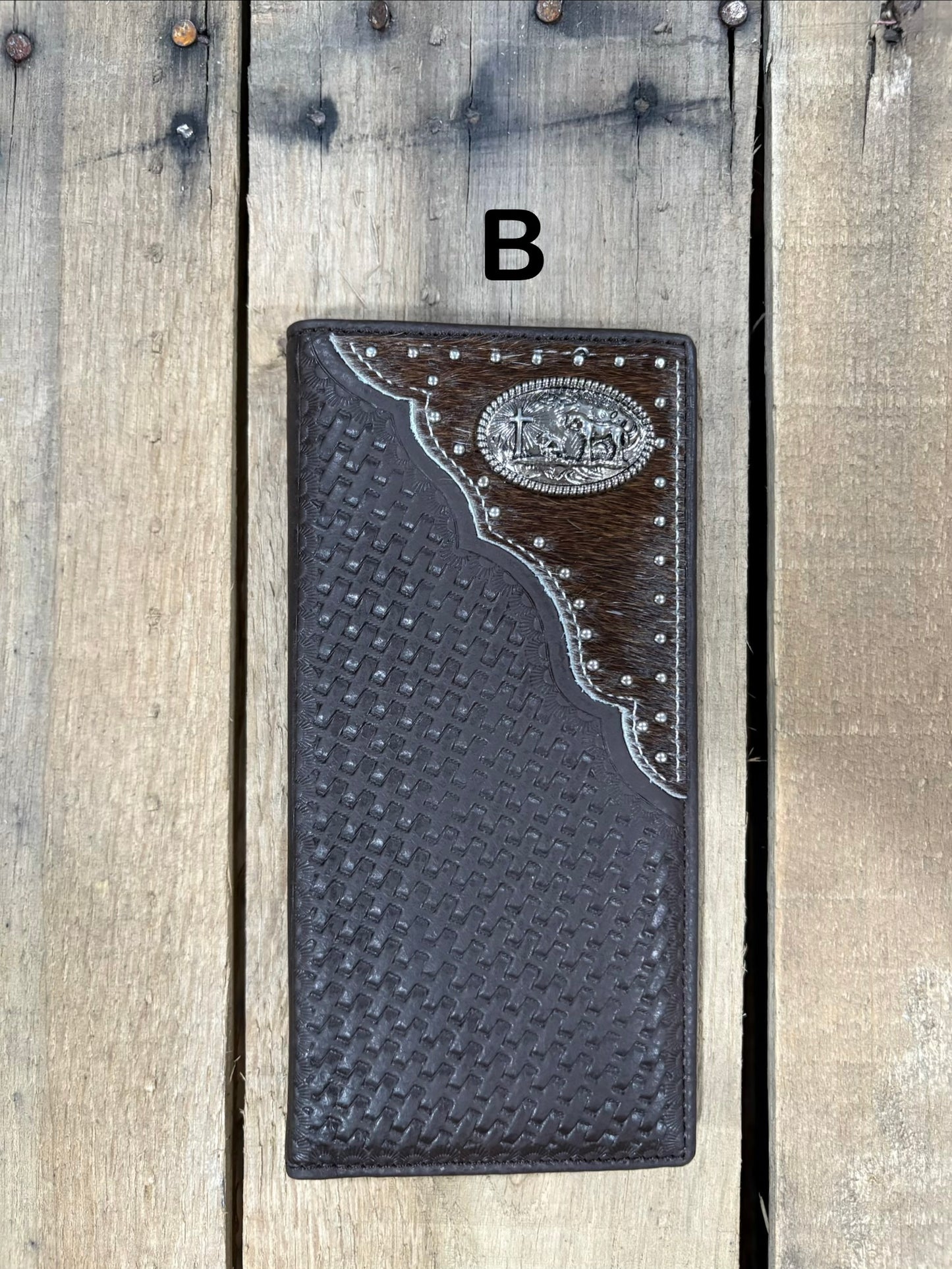 Top Notch Accessories Coffee Brown Basketweave Leather Tall Checkbook Wallet with Praying Cowboy Concho