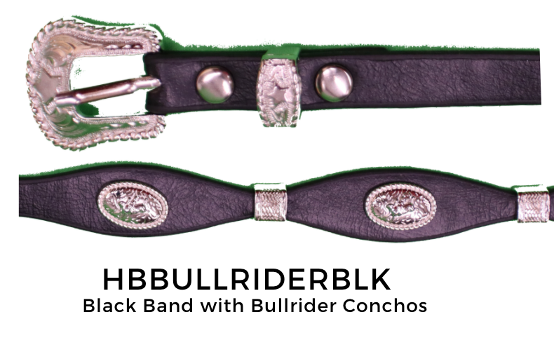 Black band with bullrider conchos on a white background