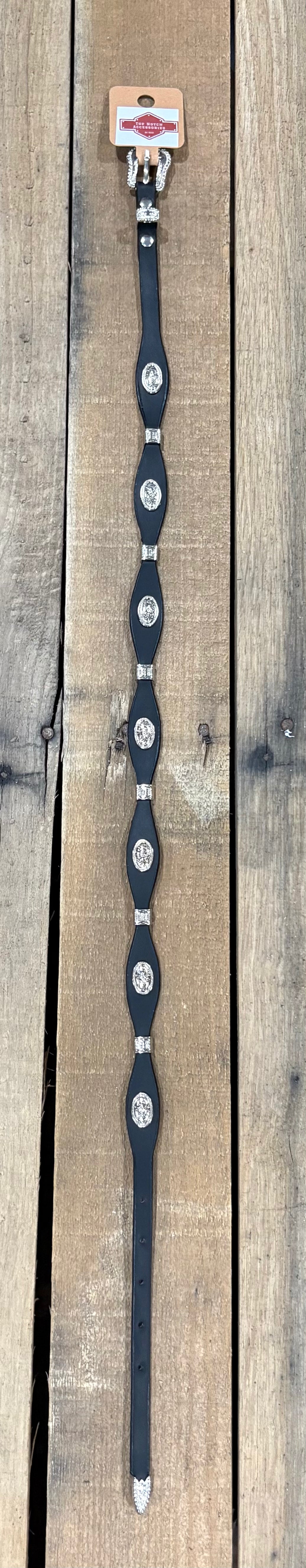Black western leather hat band with a Bull Rider Concho separated by Silver bands. 