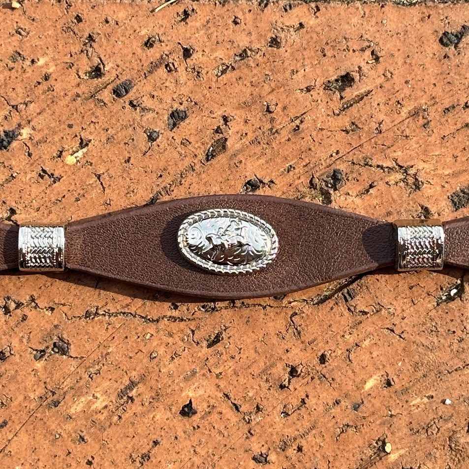 Coffee Brown leather hat band with Bull Rider Conchos. Close up view of Conchos. 