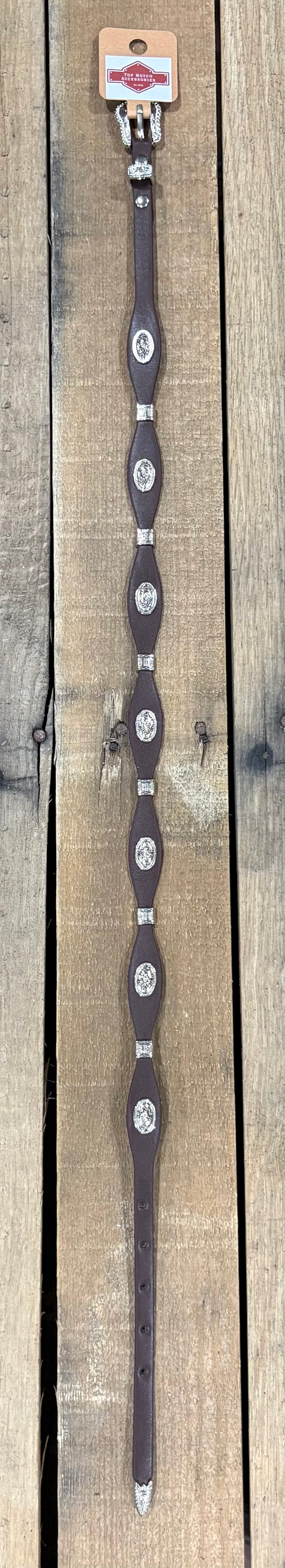 Coffee brown western leather hat band with a Bull Rider Concho separated by Silver bands. 