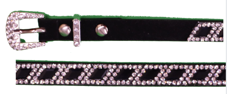 Black leather hat band with diamond shaped crystals and a crystal buckle closure. 