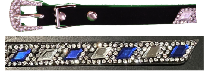 Black leather hat band with Blue and Clear diamond shaped crystals. It features a buckle closure. 