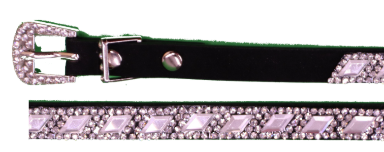 Black leather hat band with clear diamond shaped crystals and a crystal studded buckle. 