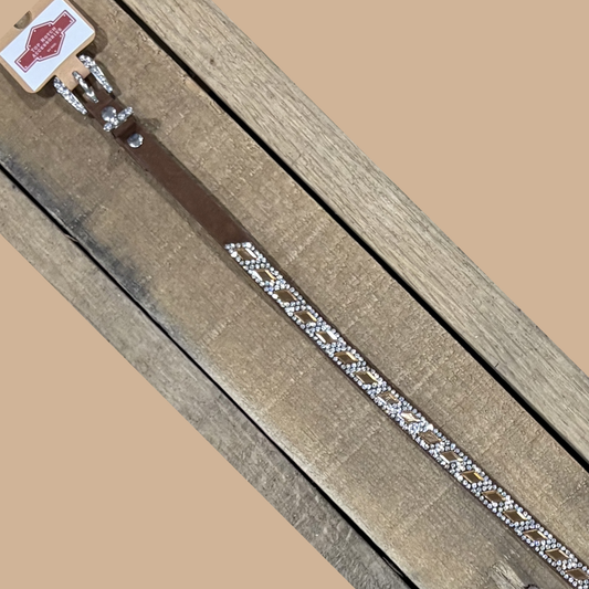 Long coffee brown hat band with brown diamond sequence on a wooden surface