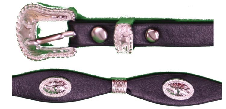 Western style Black Longhorn Concho leather hat band. Close up view of Conchos. 