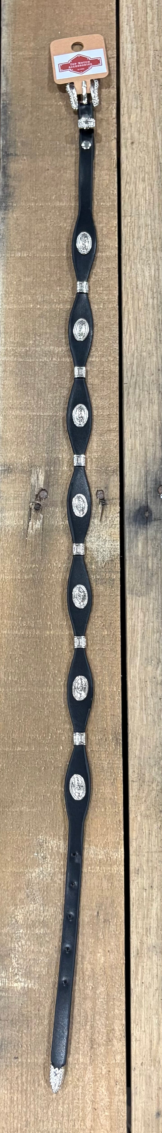 Black western leather hat band with a Praying Cowboy concho separated by Silver bands. 
