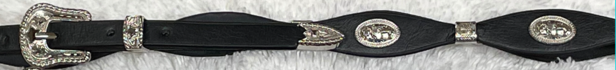 Black leather belt with silver buckle and conchos on a textured black background