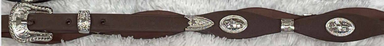 Brown leather hat band with Praying Cowboy Conchos and a western style buckle. 