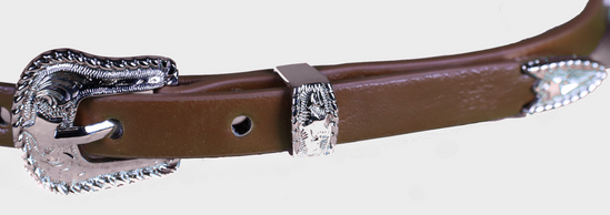 Brown leather hat band with Praying Cowboy Conchos and a western style buckle. Close up view of the buckle. 