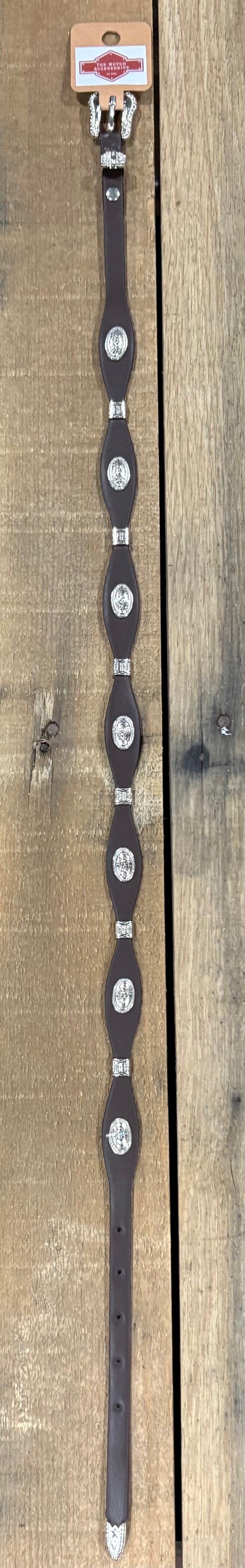 Coffee Brown western leather hat band with a Praying Cowboy concho separated by Silver bands. 