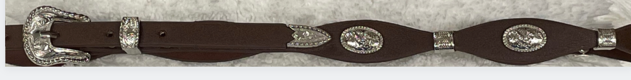 Decorative Coffee Brown leather hat band and silver buckle set and conchos on a white background