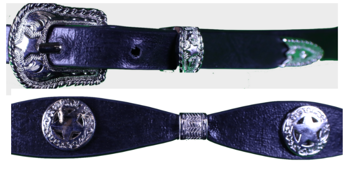 Black leather hat band with Star Conchos. Conchos are separated by Silver metal bands and it has a buckle closure. Close up view of buckle set