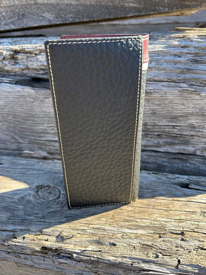 Black leather checkbook wallet. Back View