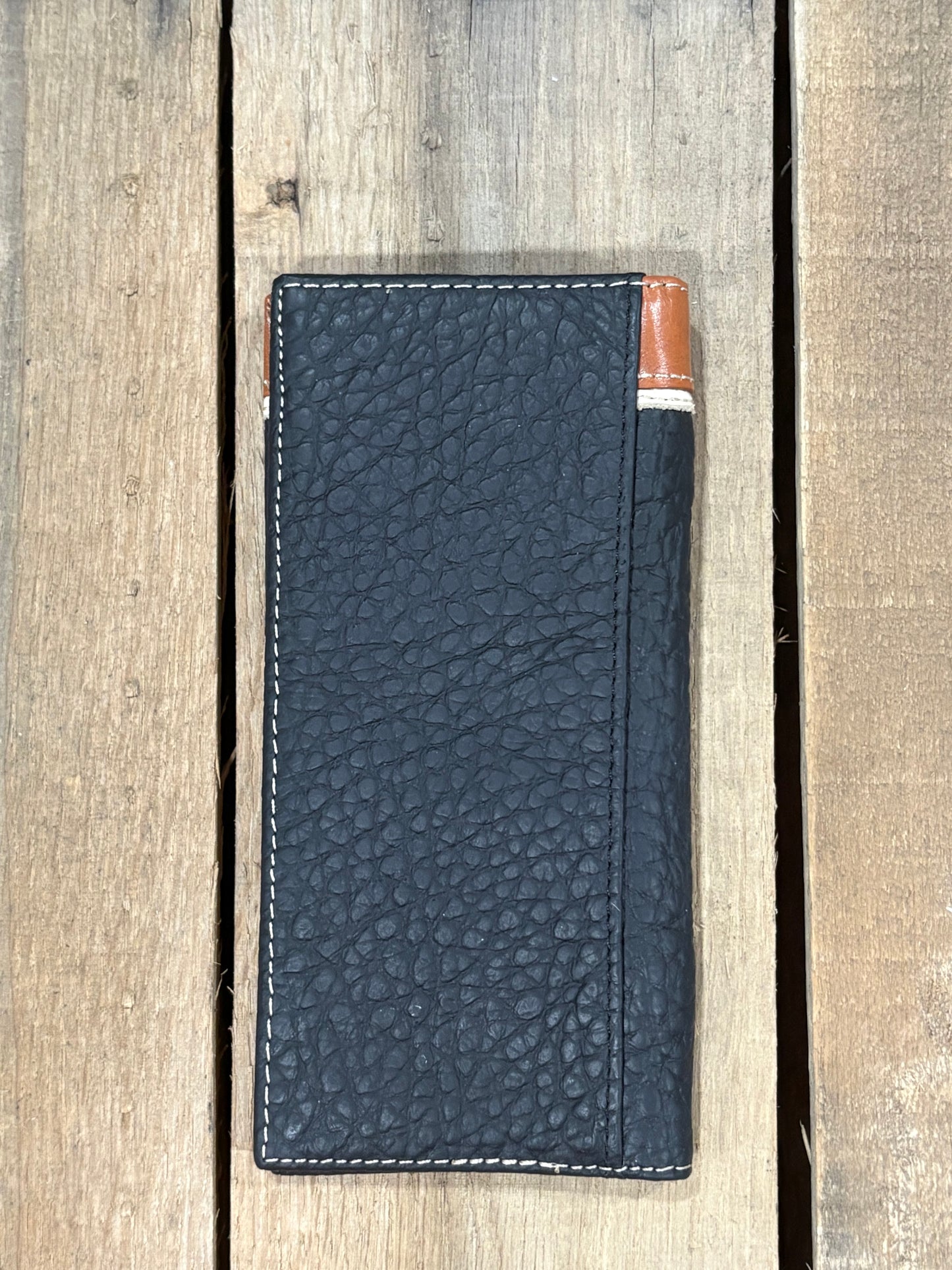 Black leather checkbook wallet. Back View