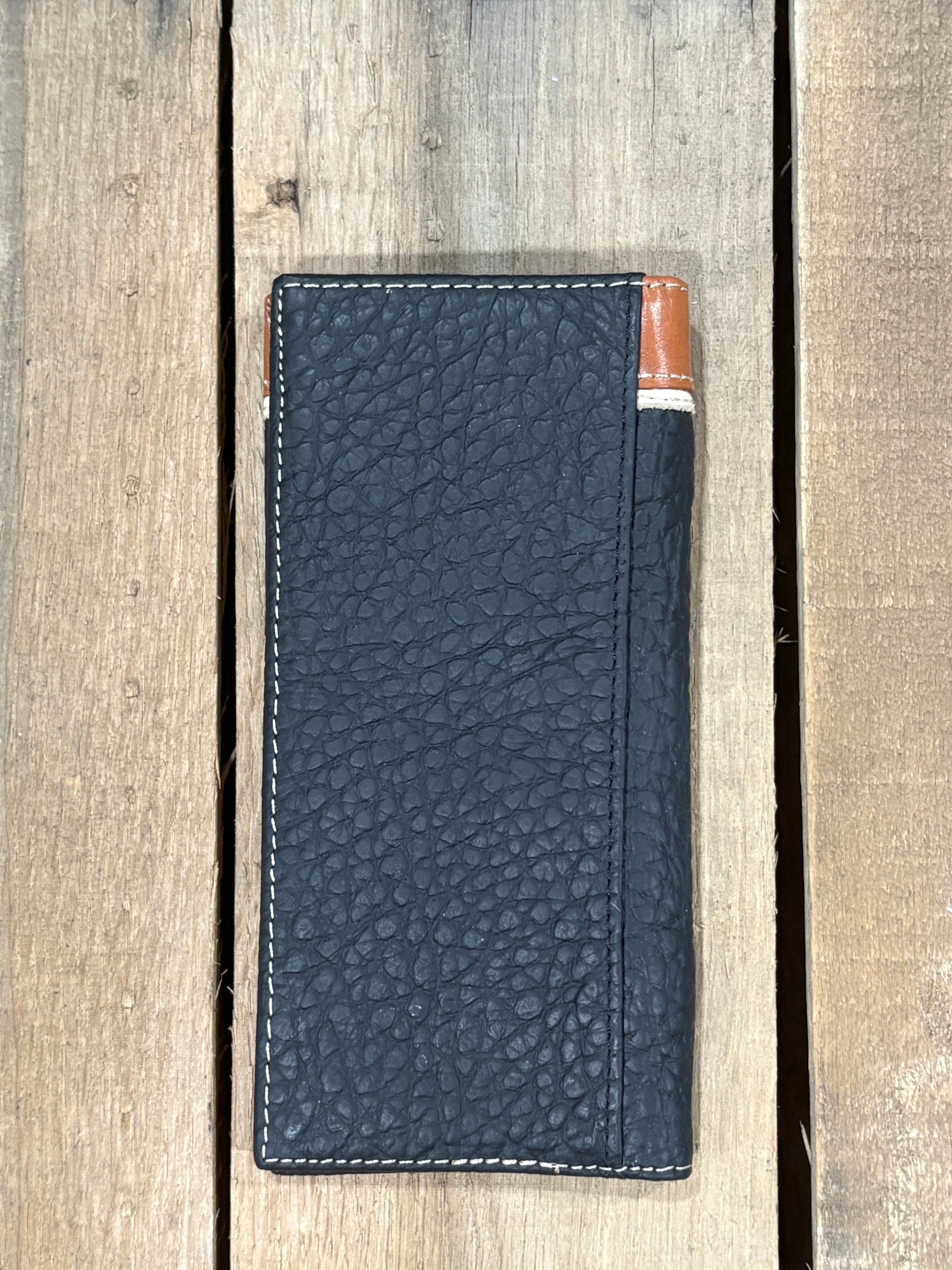 Black leather checkbook wallet. Back View