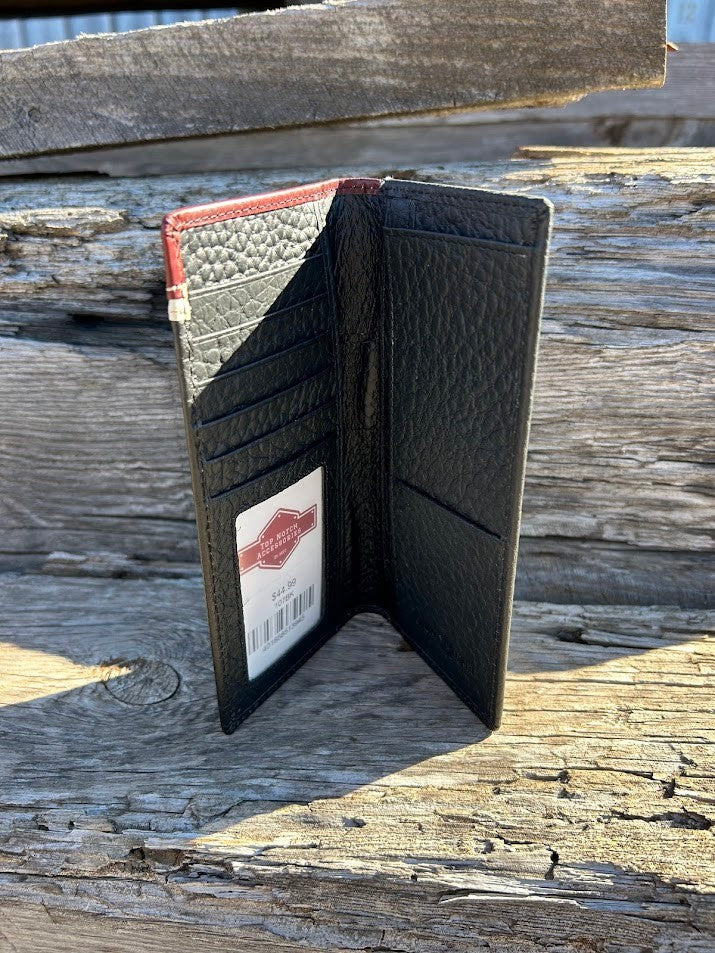 Black leather checkbook wallet. Inside view showing ID window, and multiple card and cash slots. 