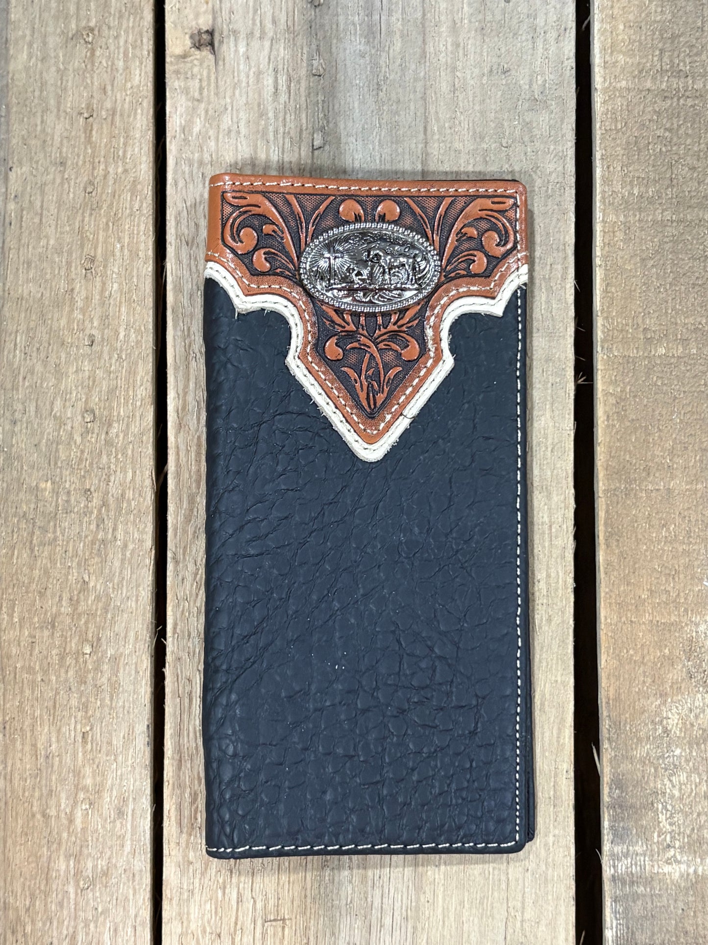 Black leather wallet with intricate brown and white embossed design on a white background