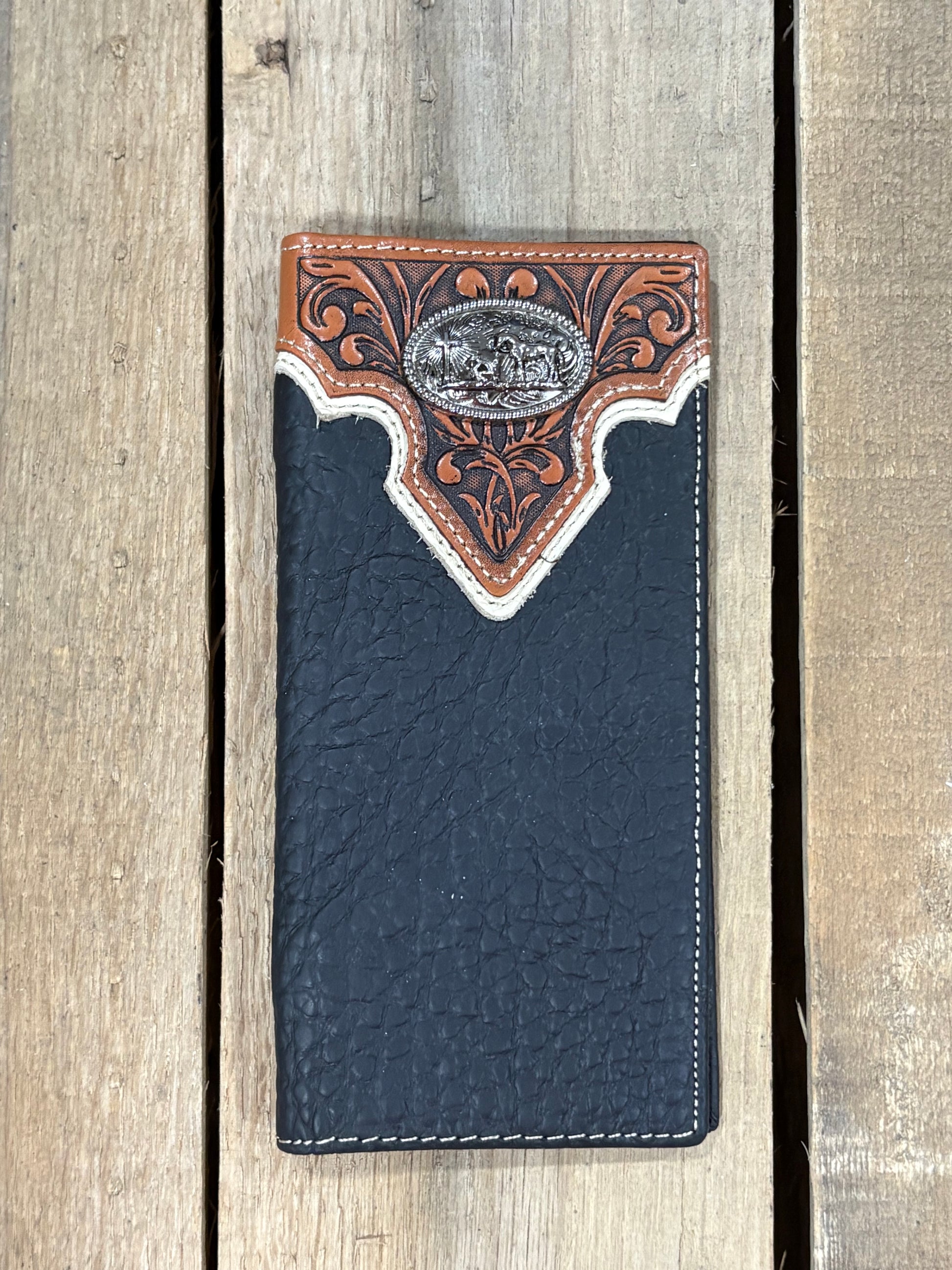 Black leather wallet with intricate brown and white embossed design on a white background