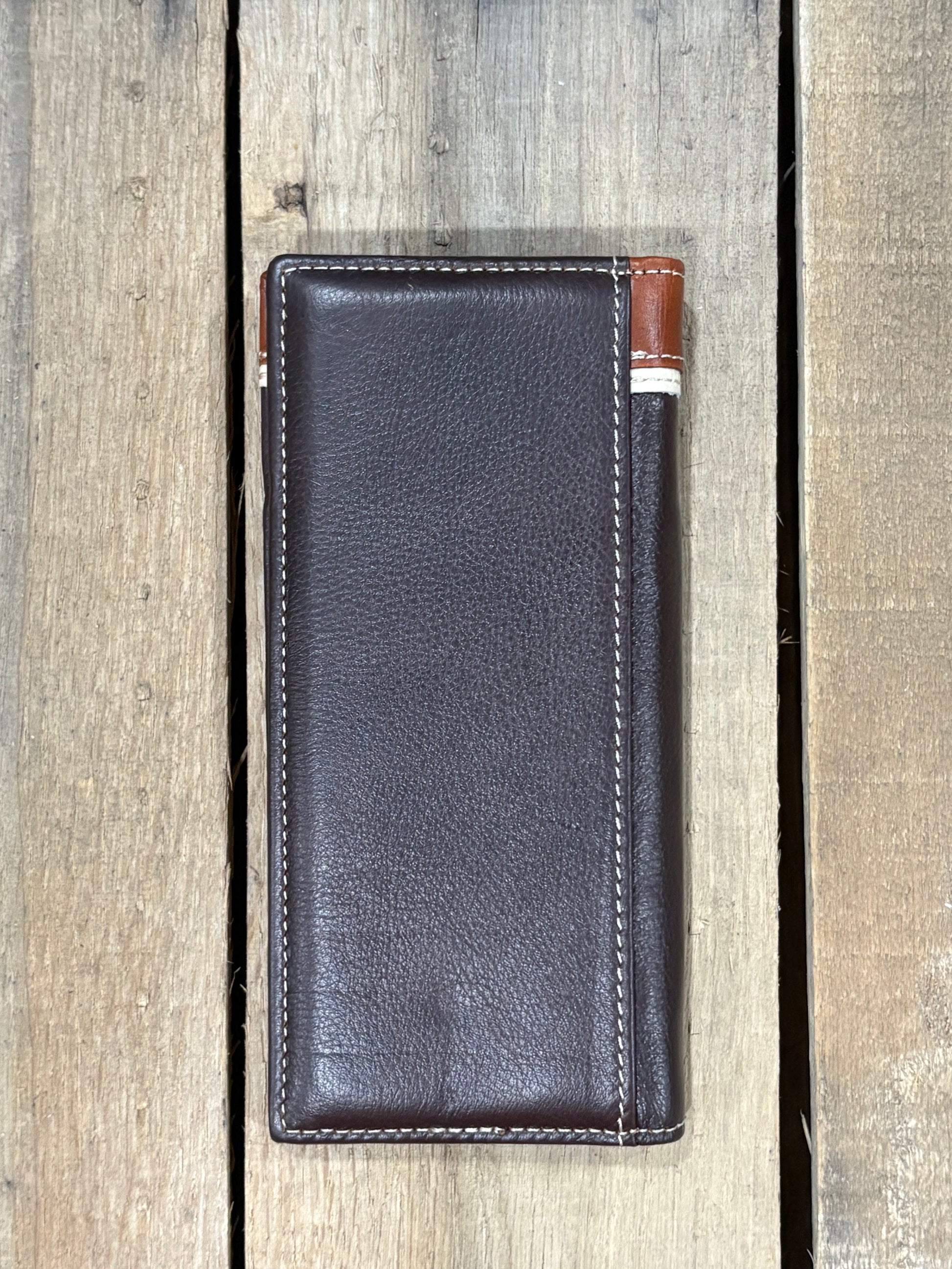 Coffee Brown leather checkbook wallet. Rear view