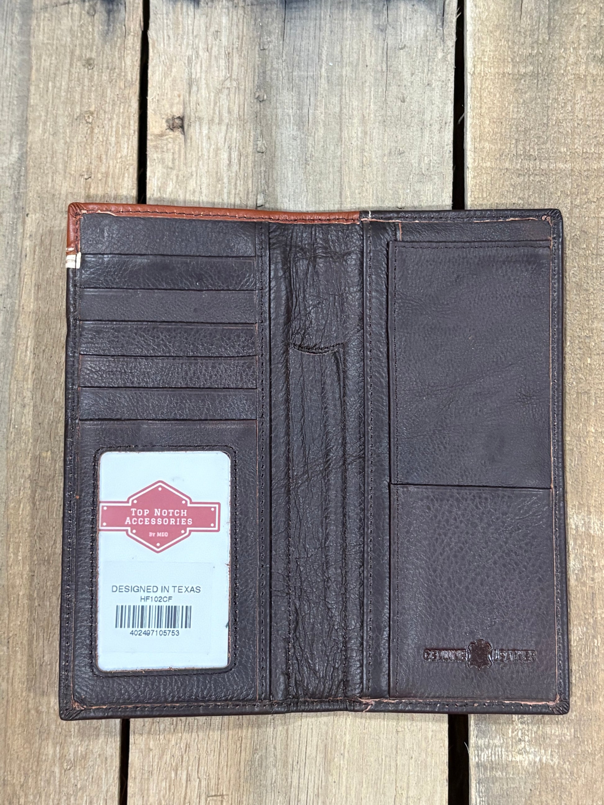 Coffee Brown leather checkbook wallet. Inside view showing ID window, and multiple card and cash slots. 