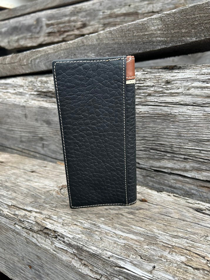 Black leather wallet with brown accents back view on a wooden surface.