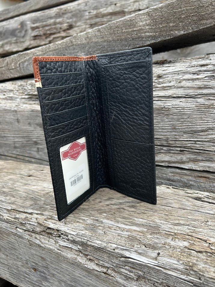 Black leather wallet with a brand label inside view on a wooden surface