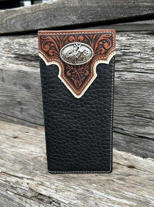Black pebbled leather checkbook wallet with brown tooled design featuring a Bull Rider Concho. Front View