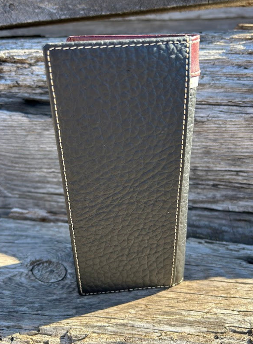 Black leather checkbook wallet. Back View
