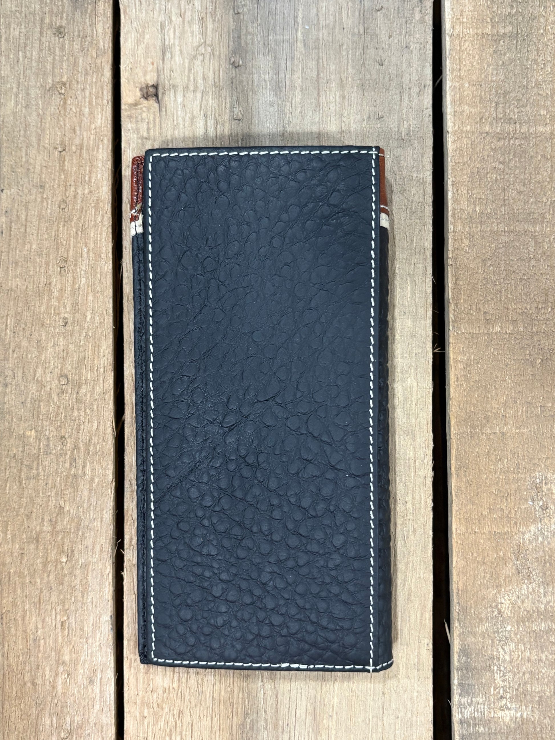 Black leather checkbook wallet. Back View