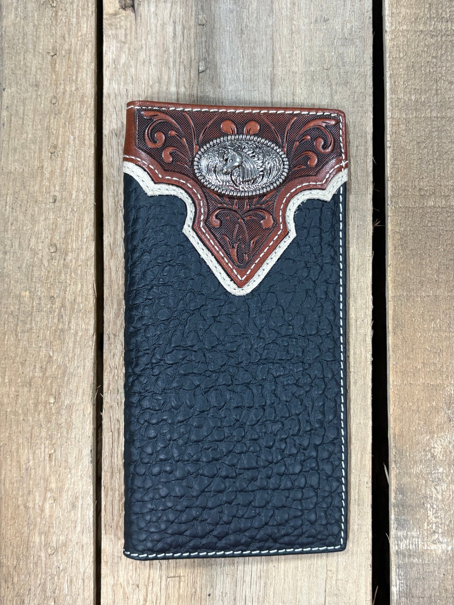 Black pebbled leather checkbook wallet with brown tooled design featuring a Horse Head Concho. Front View